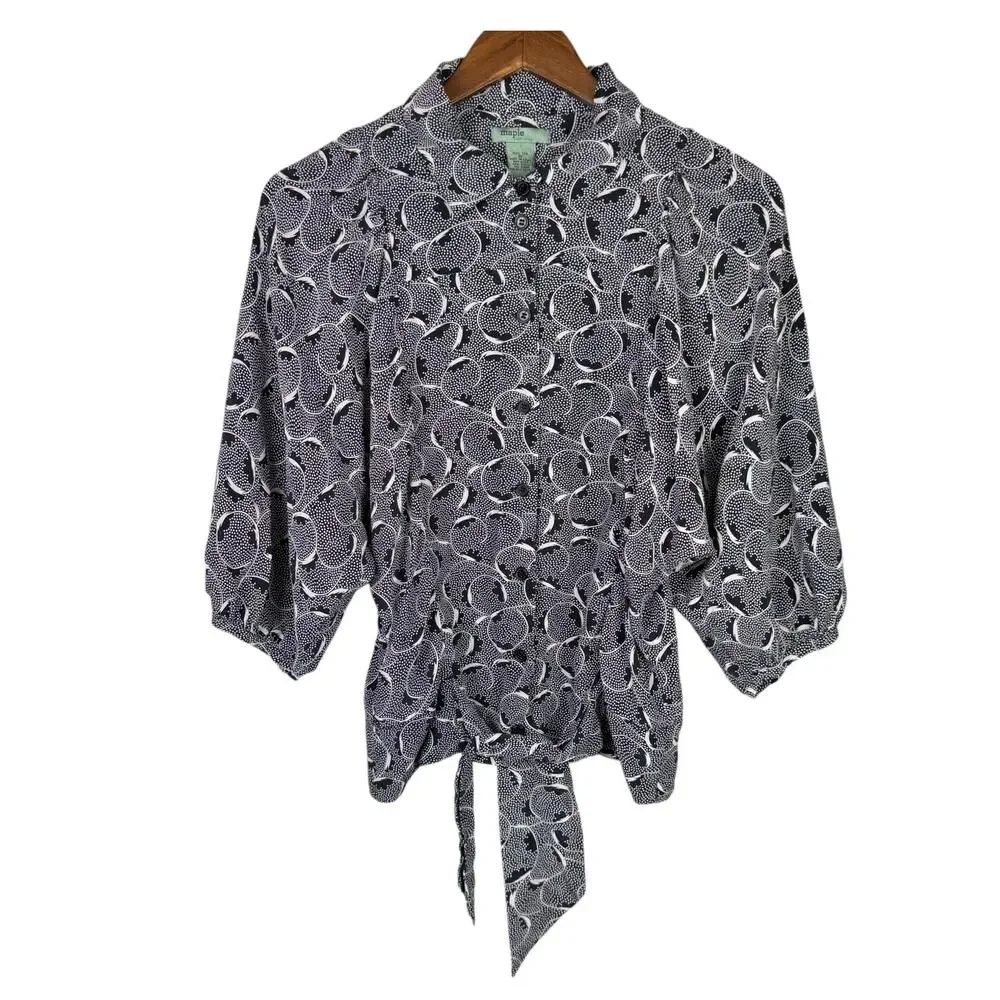 Maple Anthropologie 100% Silk Black White Print Tie Front Relaxed Fit Blouse
